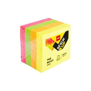Öntapadó jegyzettömb, 51x51 mm, 4x100 lap, DELI &quot;Stick UP&quot;, neon szín