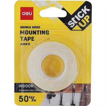 Ragasztószalag, kétoldalas, szivacs, 25,4 mm x 1,5 m, DELI "Stick UP", fehér