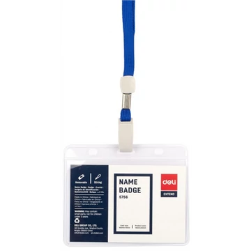 Névkitűző nyakpánttal, fekvő, 105x70 mm, DELI &quot;EXTEND&quot;, átlátszó