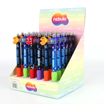 Zselés toll, radírozható, nyomógombos, színes kínálóban, pixel gamer, Nebulo