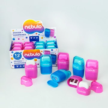 Kétlyukú, tartályos hegyező + radír egyben, vegyes színek, Nebulo