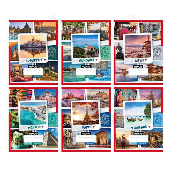 Füzet, A4, tűzött, négyzetrácsos, 87-32, ország-város minták, Nebulo