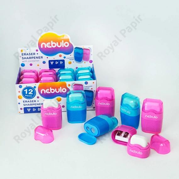 Kétlyukú, tartályos hegyező + radír egyben, vegyes színek, Nebulo